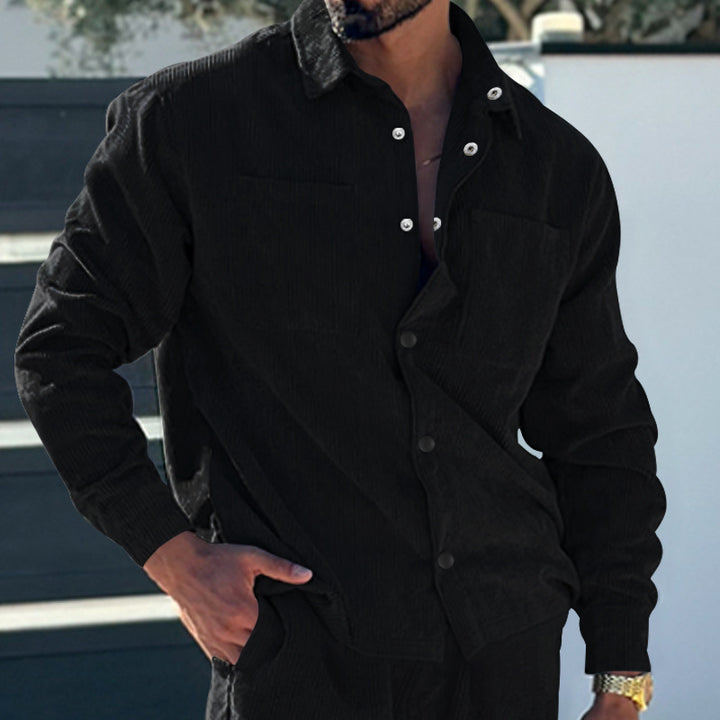Men's padded corduroy overshirt jacket with visible button placket and chest welt pockets StylebySassy