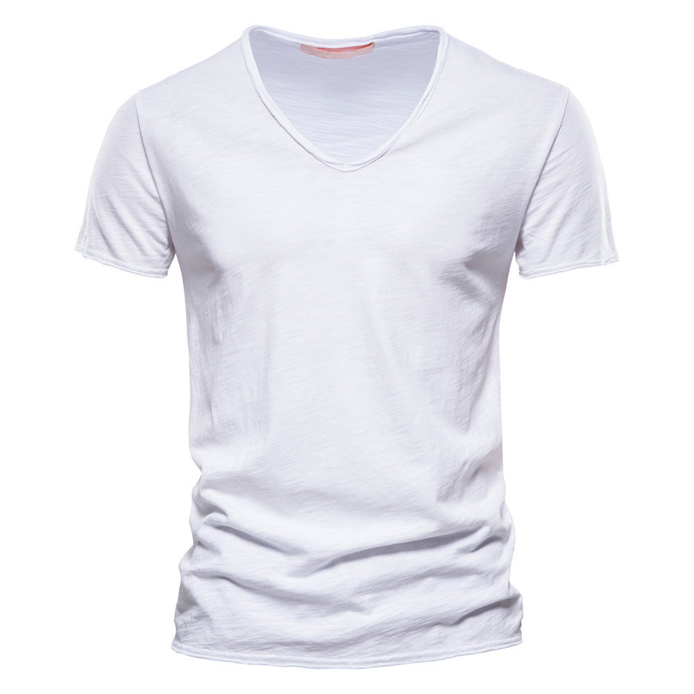 Men's light cotton jersey short-sleeve shirt with V-neck and slim fit StylebySassy