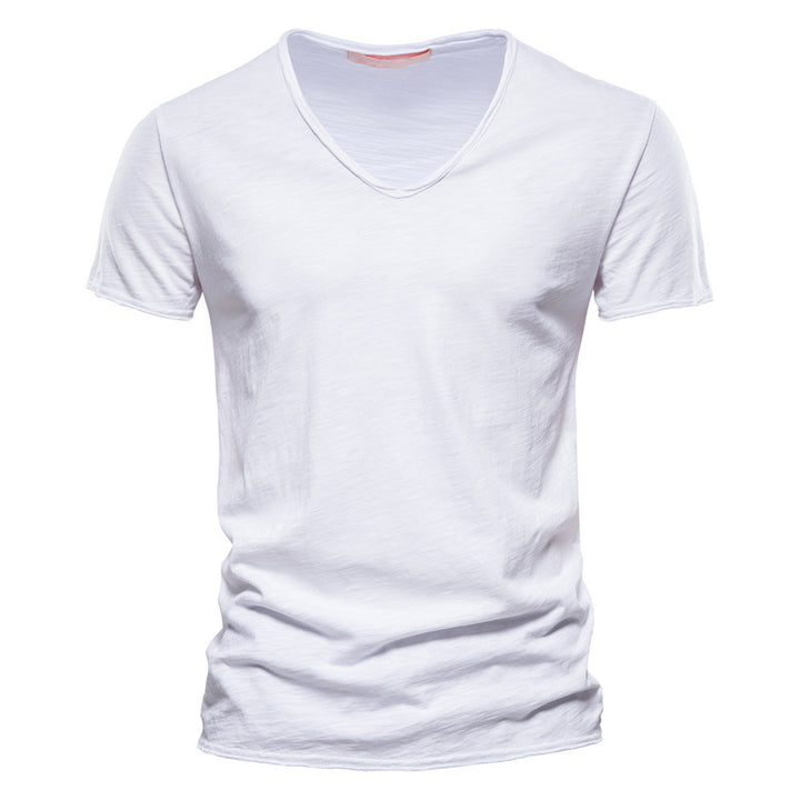 Men's light cotton jersey short-sleeve shirt with V-neck and slim fit StylebySassy