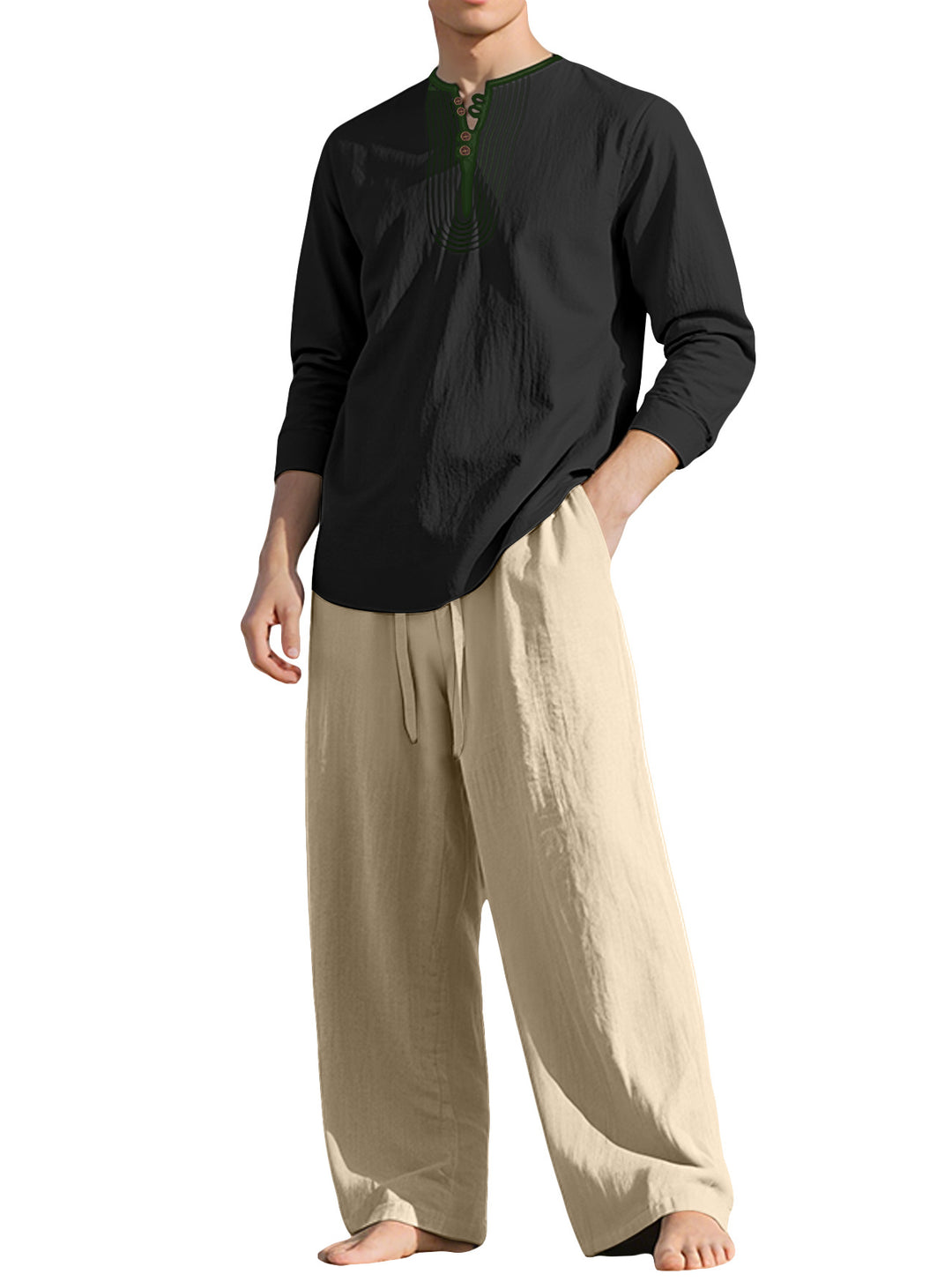 Men's tunic and Palazzo pants set with Henley placket, decorative embroidery and wide cut StylebySassy