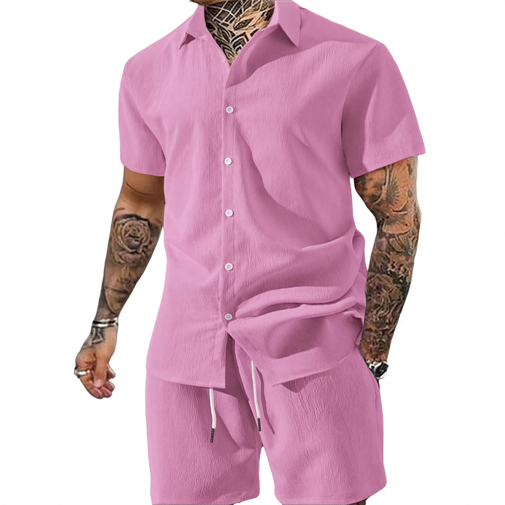 Men's Crinkle Lounge Set with Open Lapel Shirt, Integrated Short Sleeve T-Shirt, and Drawstring Bermuda StylebySassy