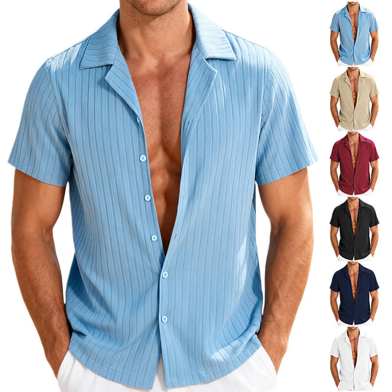 Men's fine ribbed short-sleeve knitted shirt with notch collar and full-button placket StylebySassy