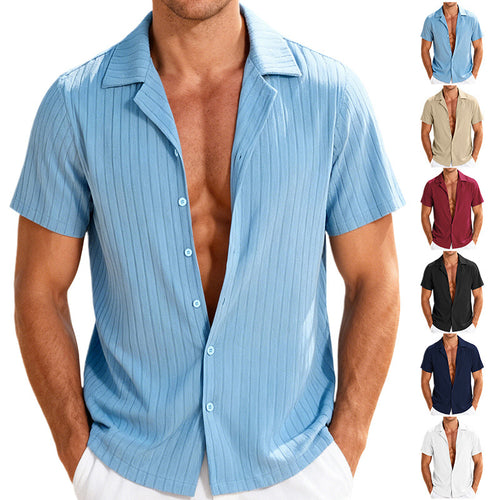 Men's fine ribbed short-sleeve knitted shirt with notch collar and full-button placket StylebySassy