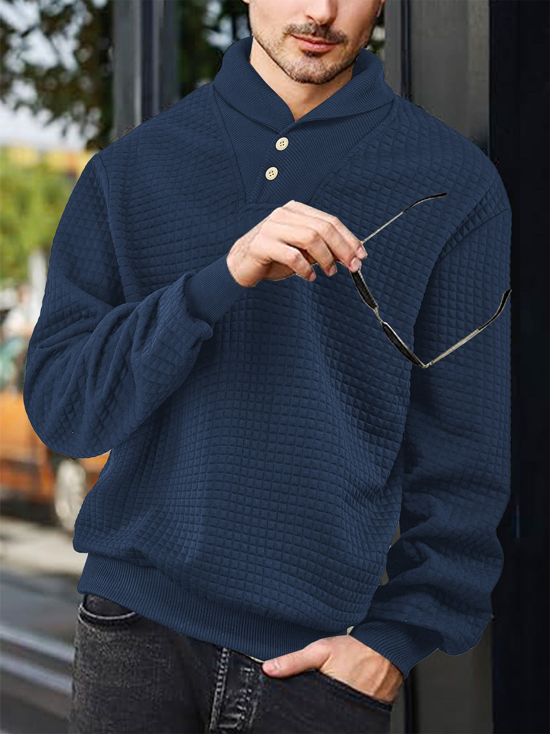 Men's elegant knitted pullover with shawl collar, button placket at neckline and check waffle texture StylebySassy