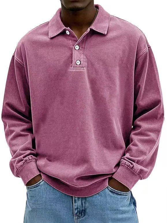 Men's casual polo shirt sweatshirt with collar, vintage wash and three-piece button placket StylebySassy