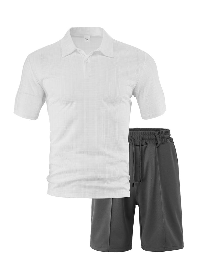 Men's two-piece summer travel set with textured short-sleeve polo shirt and functional mesh shorts StylebySassy