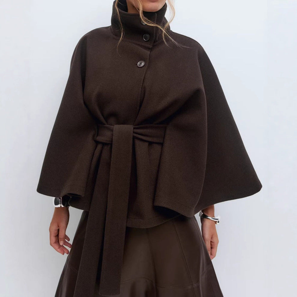 Women's oversized wool cape coat with stand-up collar and tie belt StylebySassy