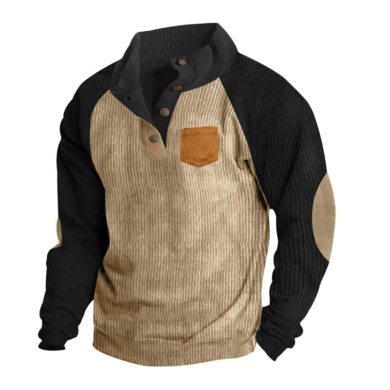 Men's structured half-button knit pullover in cord look with raglan sleeves, front chest pocket, and elbow patches StylebySassy