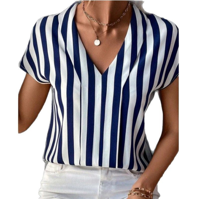 Women nan V-neck blouse with vertical stripe pattern and cap sleeves StylebySassy