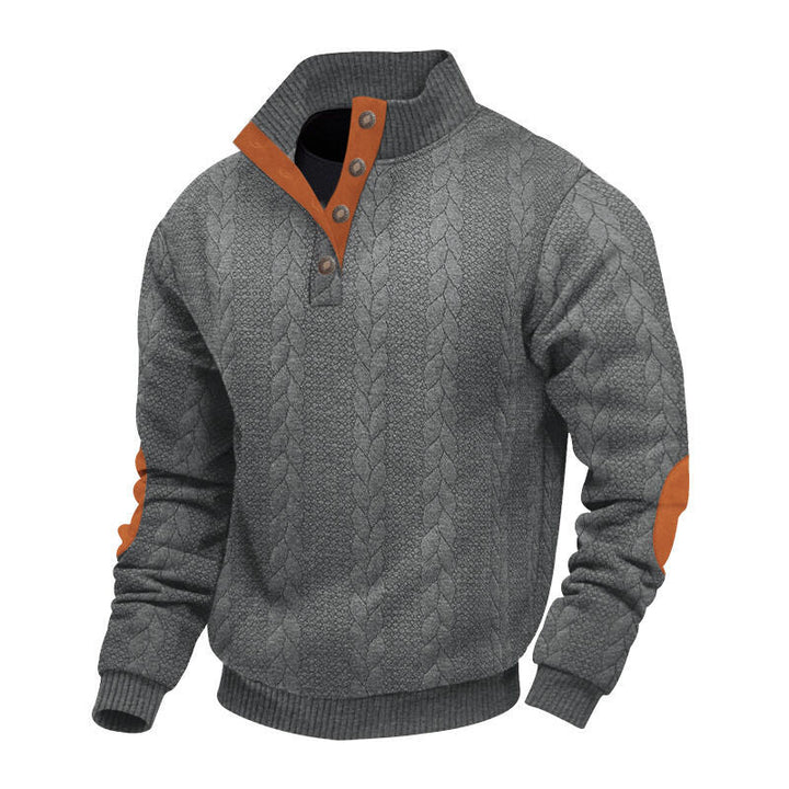 Men's chunky cable knit Troyer with button placket and suede elbow patches StylebySassy
