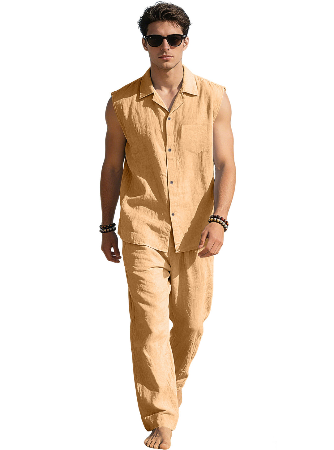 Men's sleeveless linen leisure set with lapel collar, chest pocket, and straight pants StylebySassy