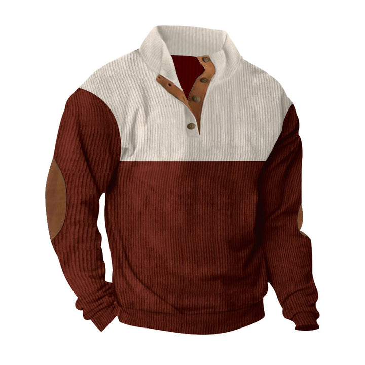 Men's casual knitted sweater with button placket, stand-up collar and elbow patches StylebySassy