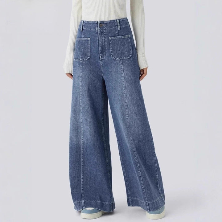Women's high-waisted wide jeans pants with patch front pockets and vertical decorative seam StylebySassy