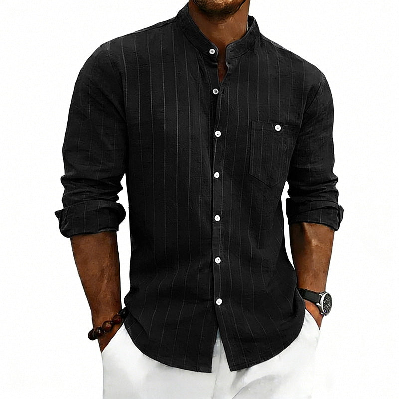 Men's breathable pinstripe long-sleeve shirt with stand collar, chest pocket, and rounded hem StylebySassy