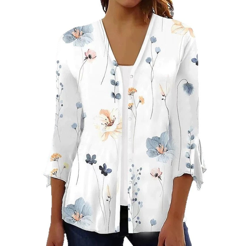 Women's light chiffon blouse with watercolor flower print, V-neck, button placket and three-quarter sleeves StylebySassy
