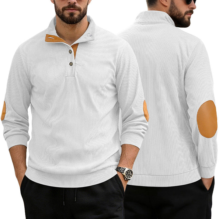 Men's casual structured sweater with polo collar, short button placket and vegan leather trims StylebySassy