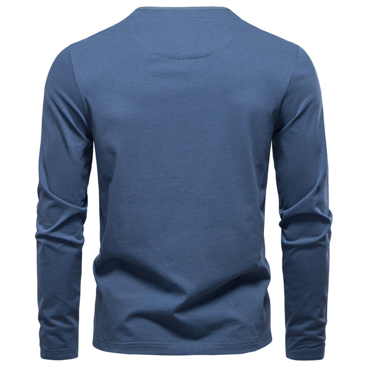 Men's navy cotton long-sleeve shirt with short button placket and stand collar StylebySassy