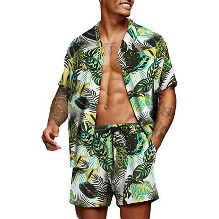 Men's tropical short sleeve shirt and swim shorts set with lapel collar, drawstring, and practical side pockets StylebySassy