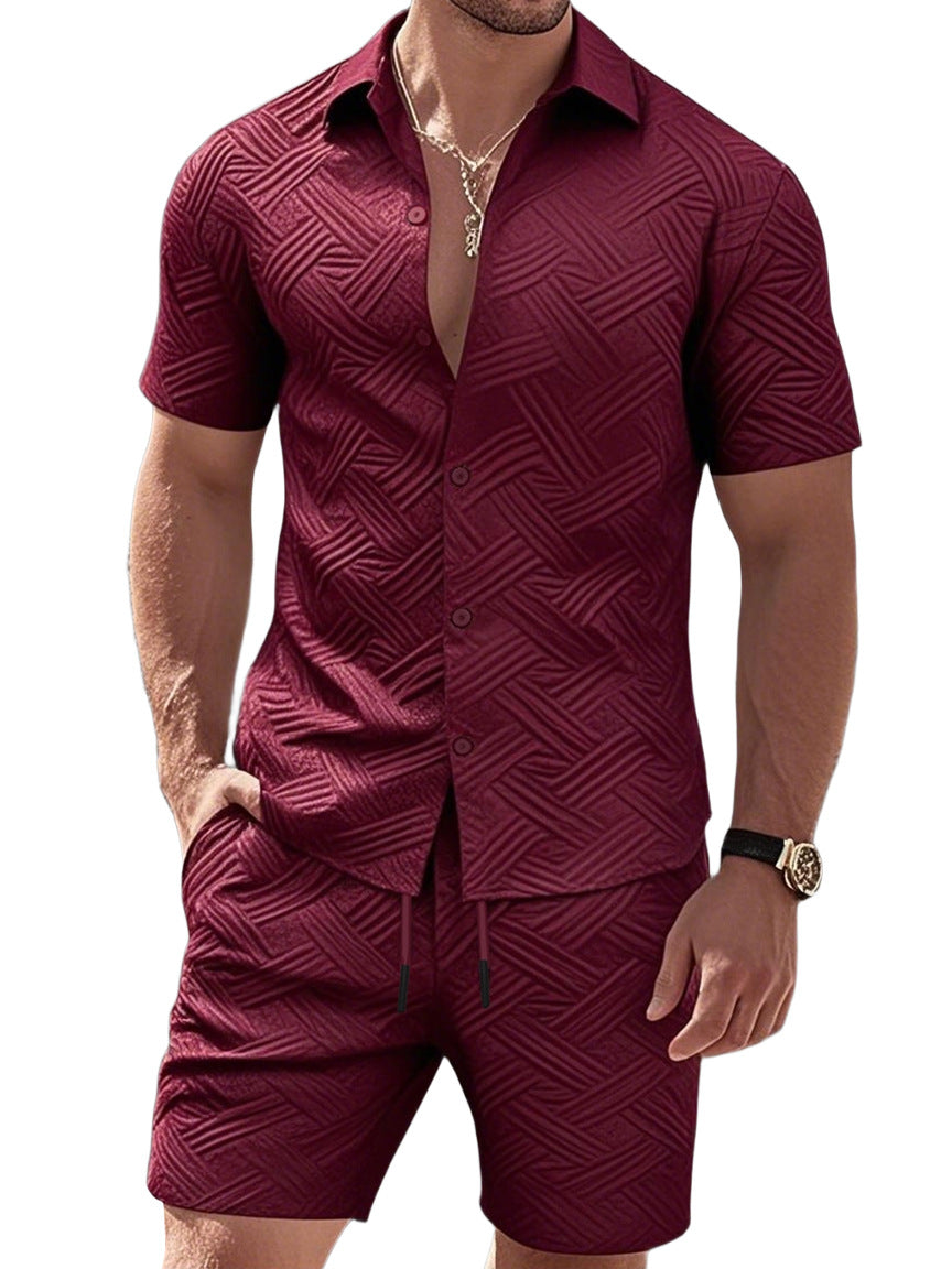 Men's nan geometric embossed short sleeve shirt and Bermuda two-piece set with shirt collar and drawstring StylebySassy