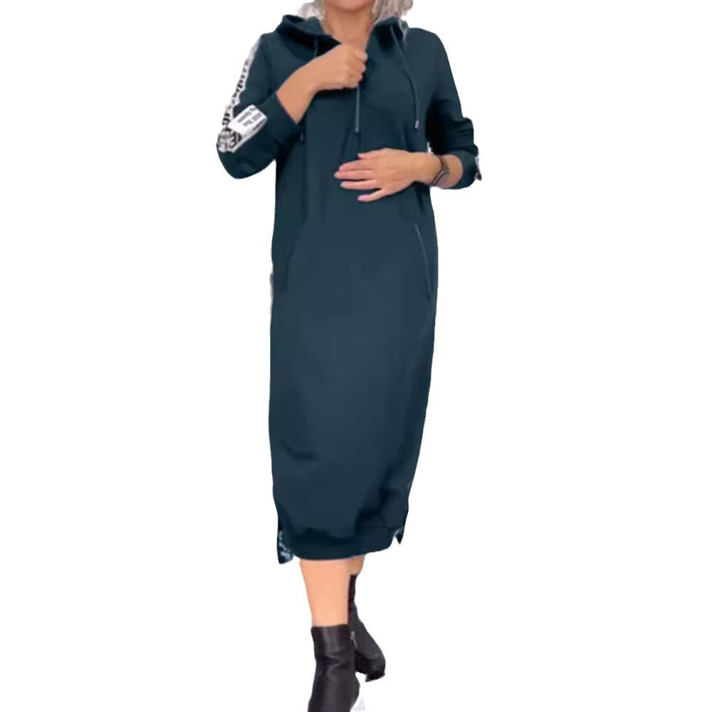 Women's ankle-length hooded sweatshirt dress with half zip, kangaroo pockets and side decorative piping StylebySassy