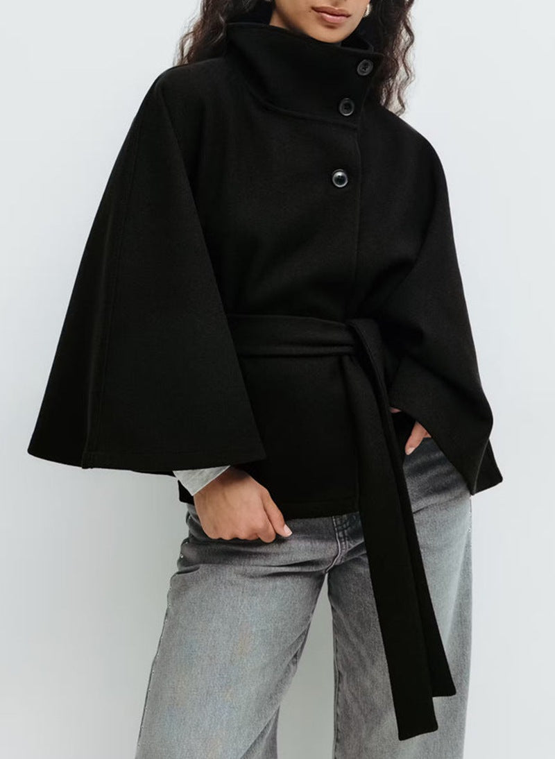 Women's oversized wool cape coat with stand-up collar and tie belt StylebySassy