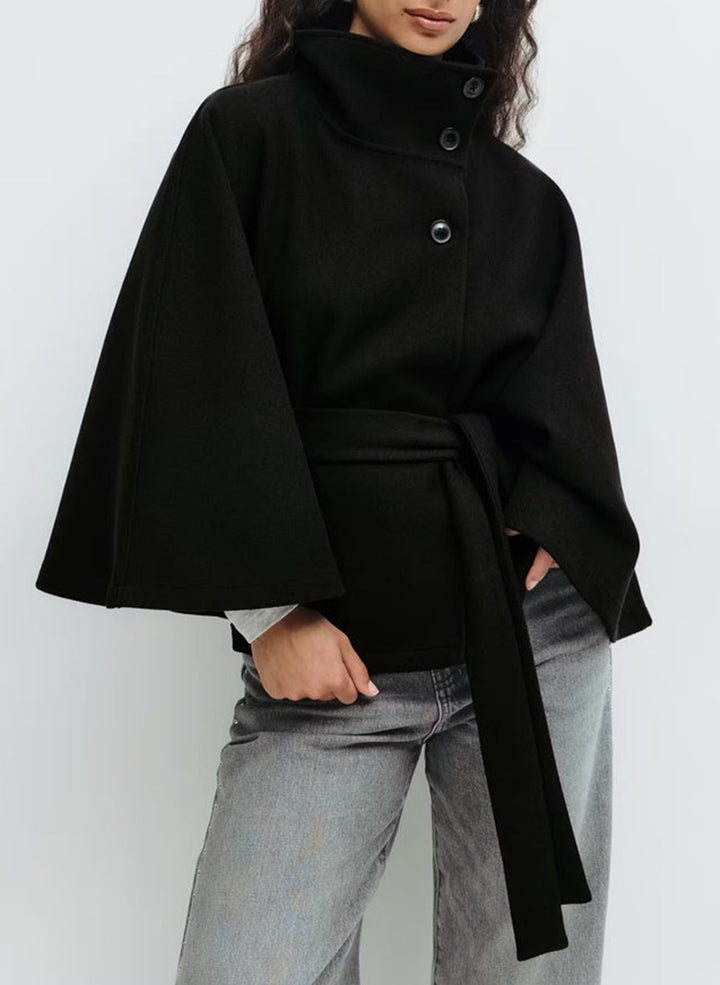 Women's oversized wool cape coat with stand-up collar and tie belt StylebySassy