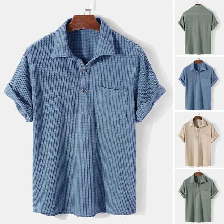 Men's waffle knit polo with shirt collar, short button placket and chest pocket StylebySassy