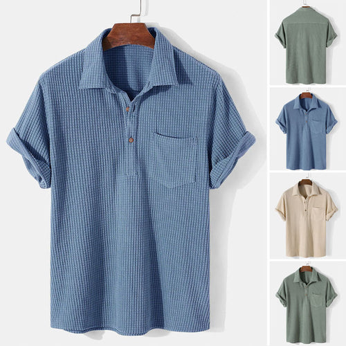 Men's waffle knit polo with shirt collar, short button placket and chest pocket StylebySassy