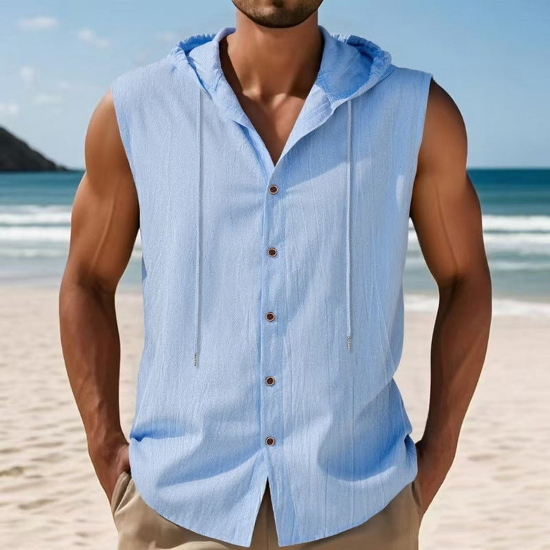 Men's sleeveless hooded shirt made of crepe-structured cotton blend with continuous button placket and drawstring StylebySassy