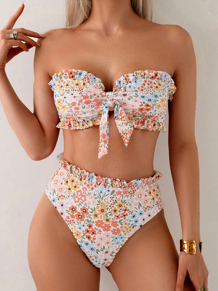 Women's bandeau bikini with playful ruffles and floral pattern StylebySassy