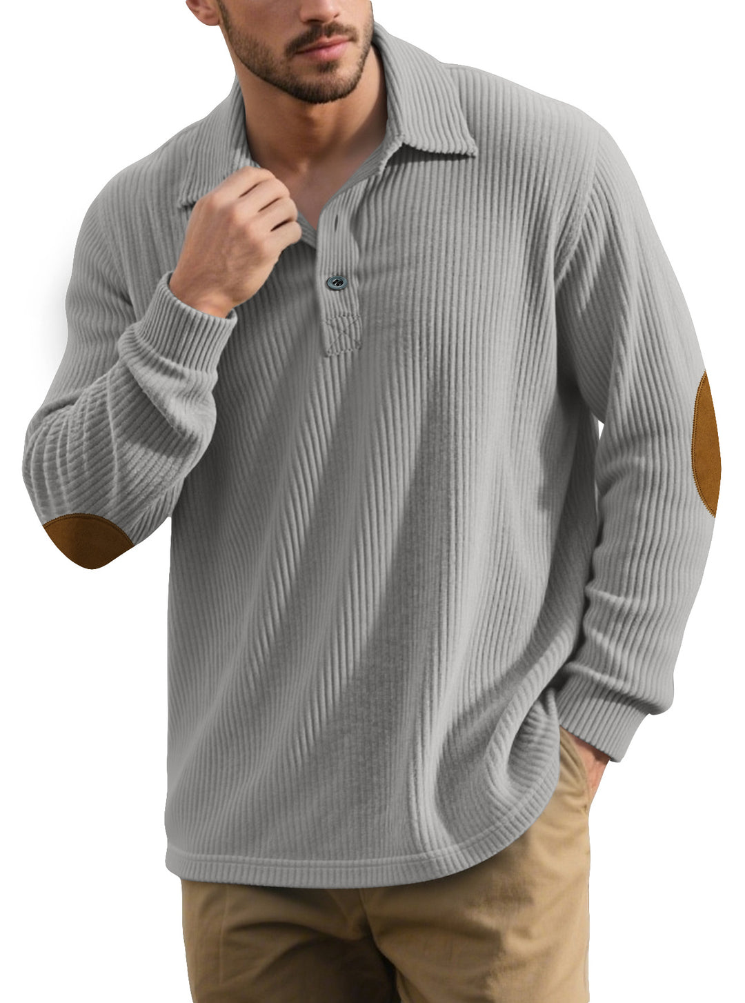Men's ribbed casual polo with kent collar, short button placket and velour elbow patches StylebySassy