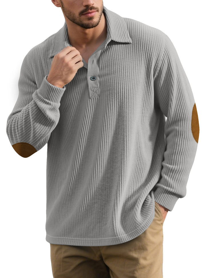 Men's ribbed casual polo with kent collar, short button placket and velour elbow patches StylebySassy