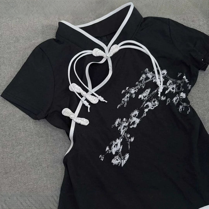Women Modern Chinese Short Sleeve T-Shirt with Creative Knot Design StylebySassy