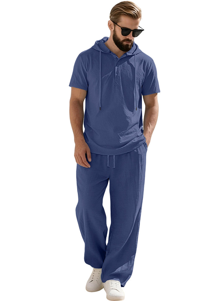Men's casual short-sleeve hooded shirt in crinkled cotton blend with Henley button placket StylebySassy