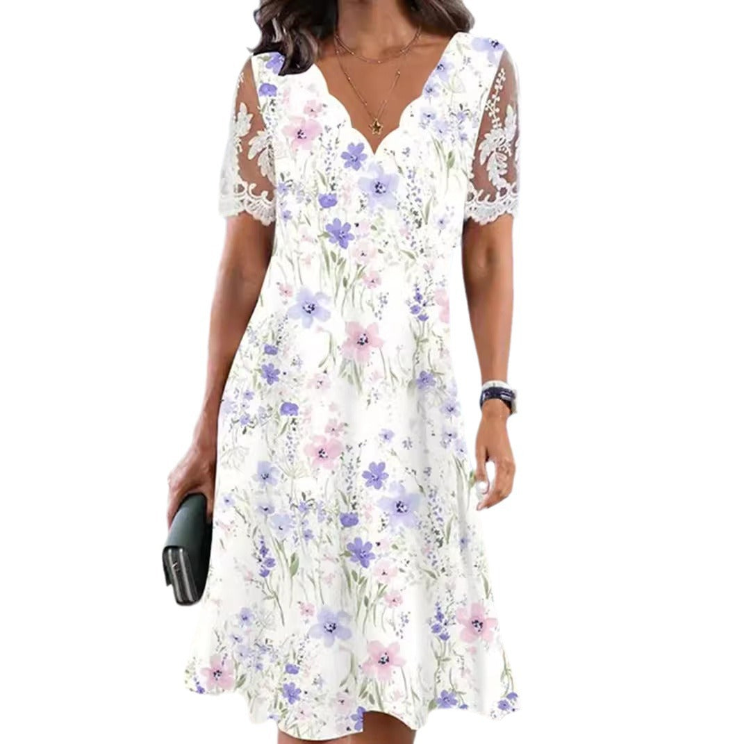Women's A-line midi dress with wavy V-neck, all-over floral pattern and transparent lace sleeves StylebySassy
