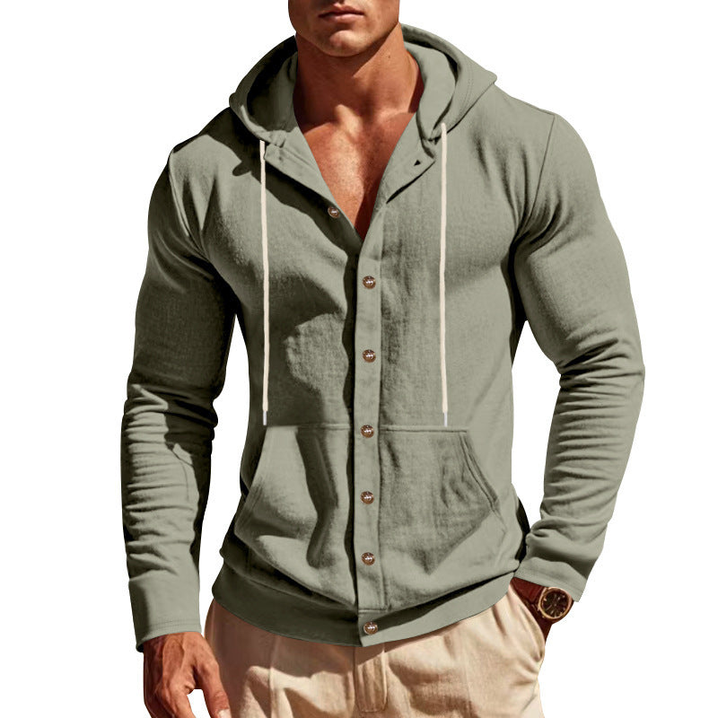 Men's slim-fit hoodie cardigan with full button placket, mounted kangaroo pocket, and lightweight structured knit StylebySassy