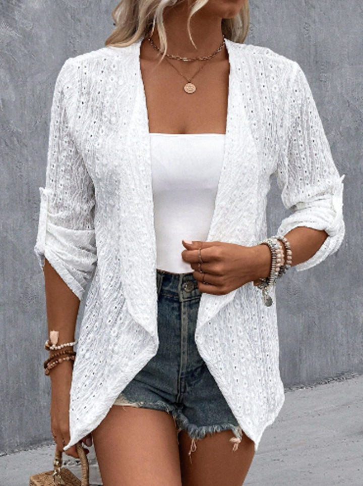 Women's light openwork knit blazer with waterfall front and roll-up sleeves StylebySassy
