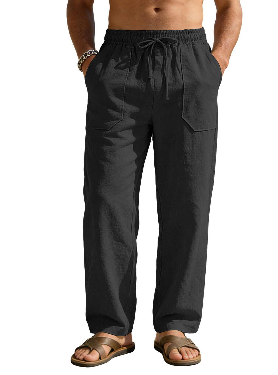 Men's wide Relaxed pants made of linen blend with drawstring waistband and patch leg pockets StylebySassy