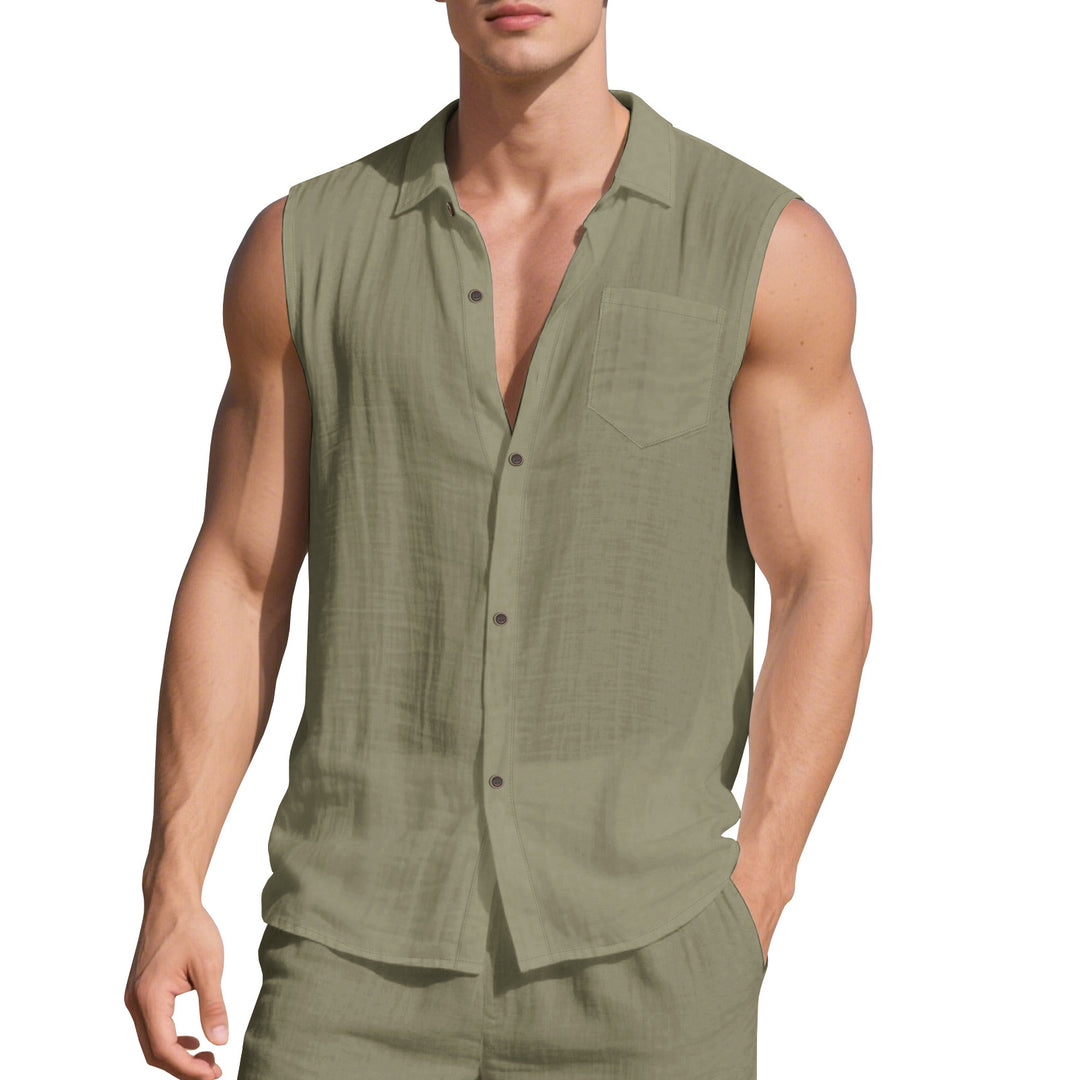 Men's sleeveless camp shirt with open button placket and drawstring waistband pants in linen look StylebySassy