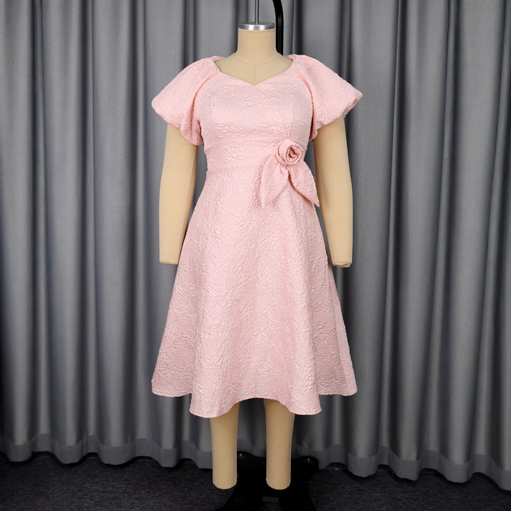 Ladies elegant dress with peplum, floral applique and puff sleeves StylebySassy
