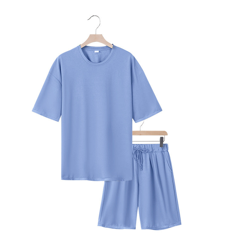 Men's relaxed jersey set with extended round neck t-shirt and elastic drawstring shorts StylebySassy