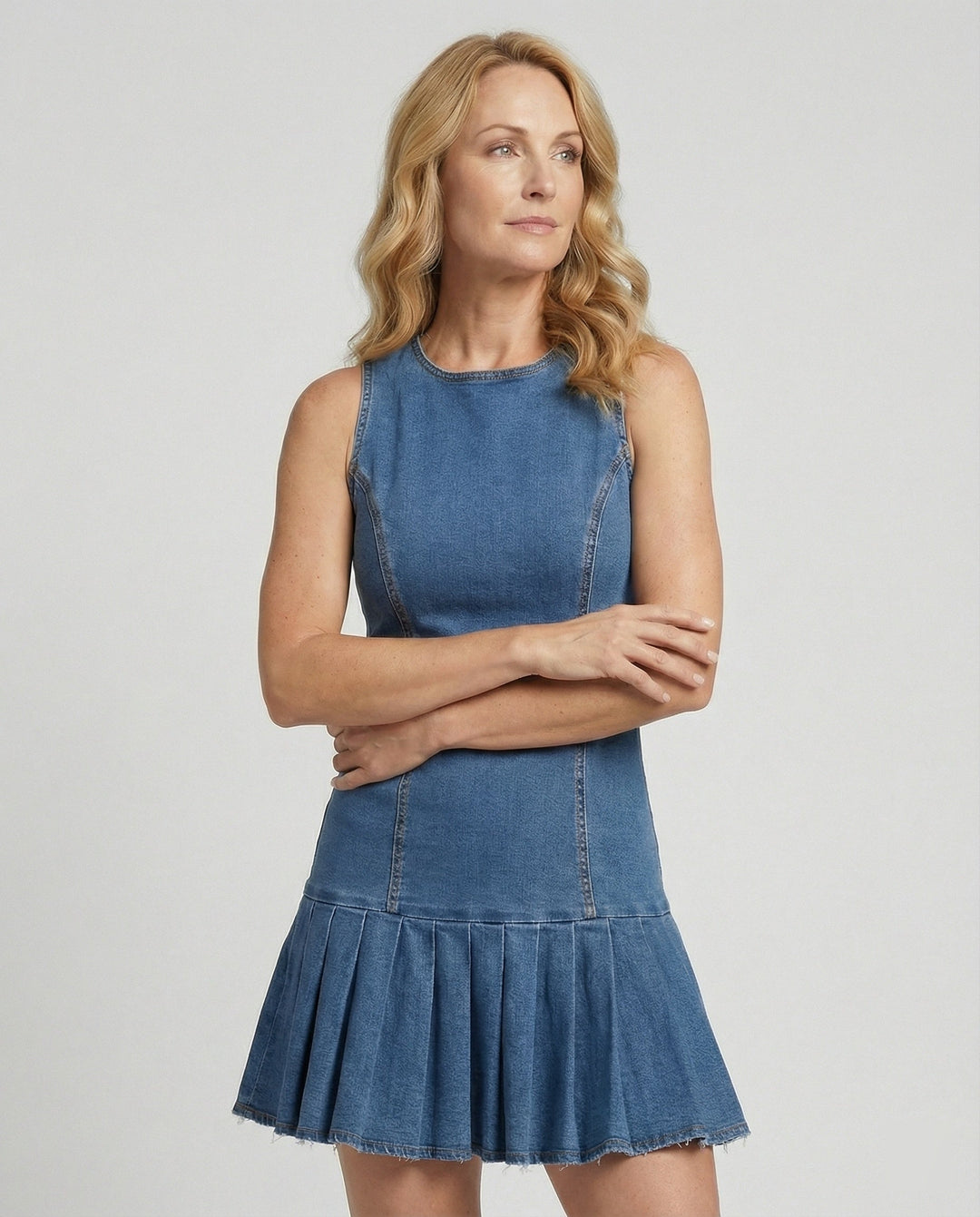 Ladies' denim dress sleeveless with flounce skirt