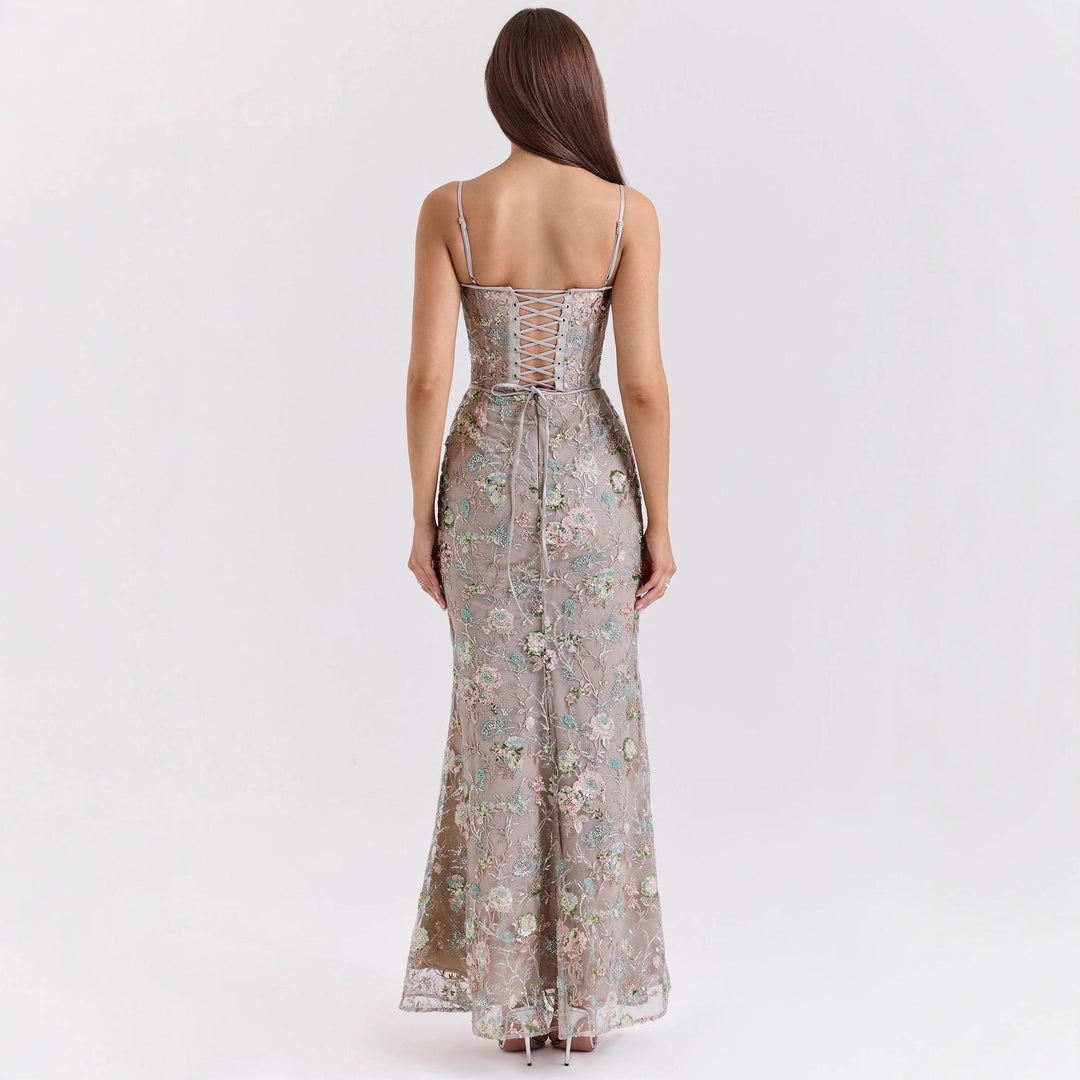 Ladies elegant embroidered evening dress with corset top and transparent lace overlay StylebySassy