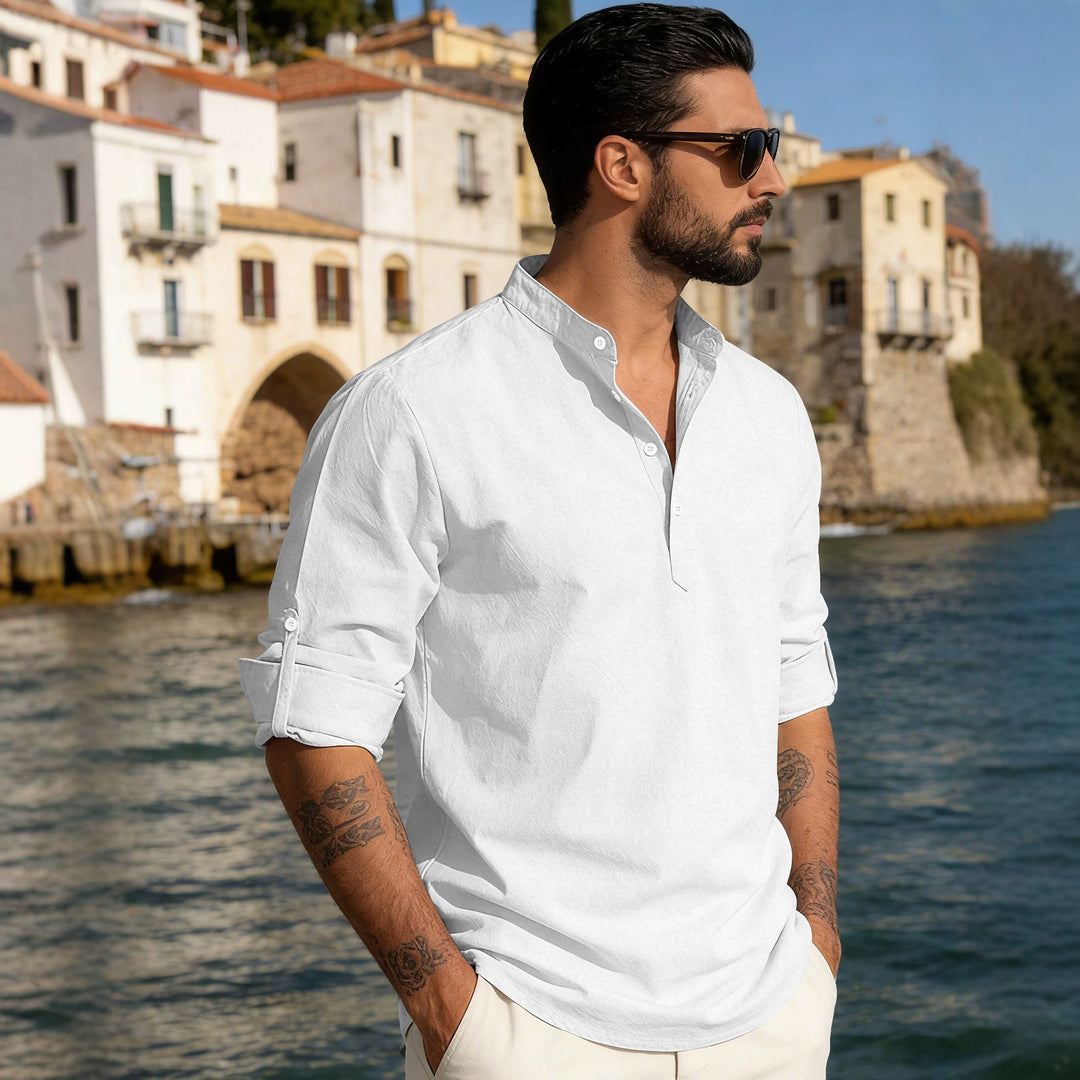 Men's lightweight half-button shirt made of linen blend with stand-up collar and roll-up sleeves StylebySassy
