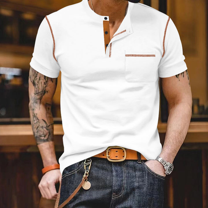 Men's short-sleeve shirt with stand-up collar, half-button placket, and chest pocket StylebySassy