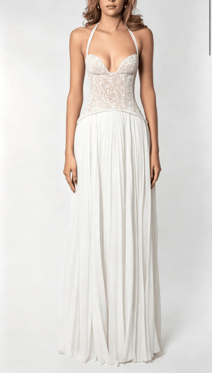 Ladies' elegant evening dress with lace corset and pleated maxi skirt StylebySassy