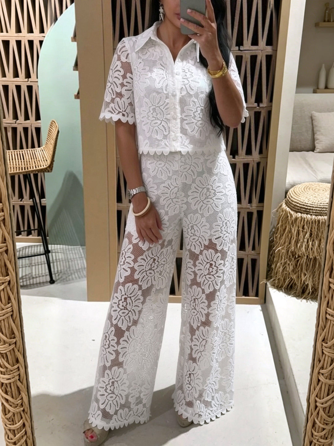 Women's elegant lace combination with short-sleeved blouse, scalloped hem, and tailored palazzo pants with tie belt StylebySassy