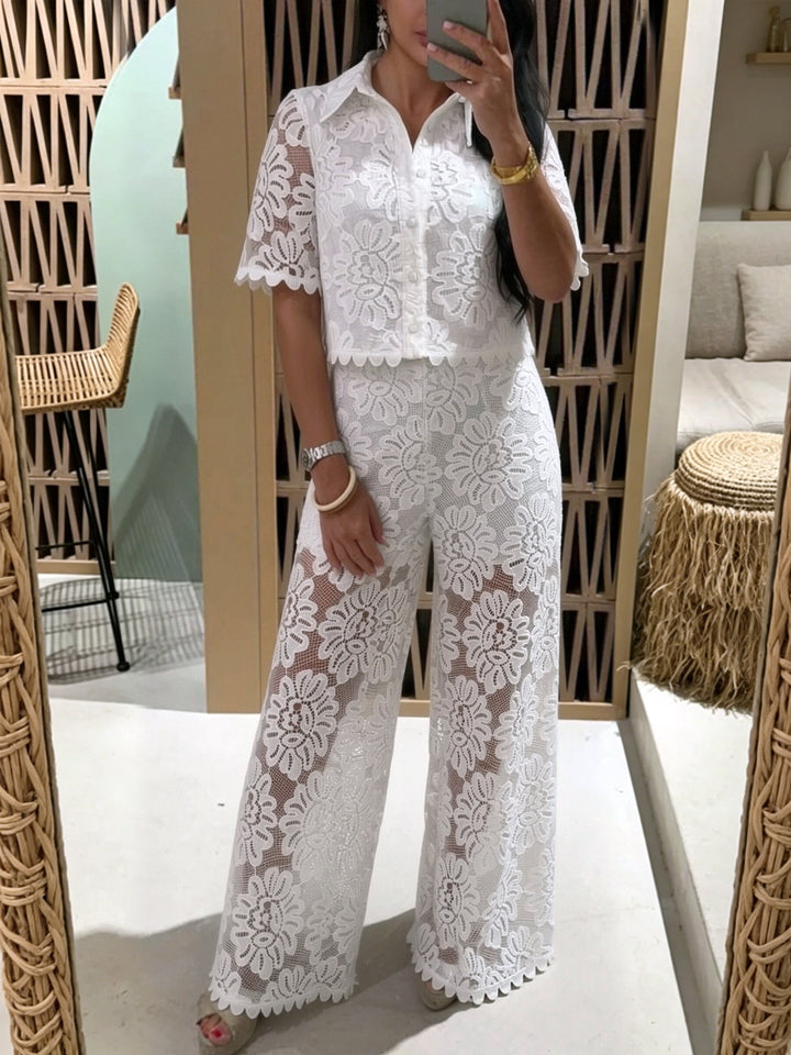 Women's elegant lace combination with short-sleeved blouse, scalloped hem, and tailored palazzo pants with tie belt StylebySassy