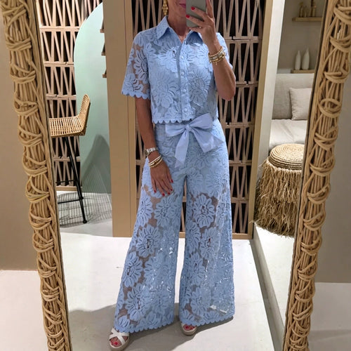 Women's elegant lace combination with short-sleeved blouse, scalloped hem, and tailored palazzo pants with tie belt StylebySassy