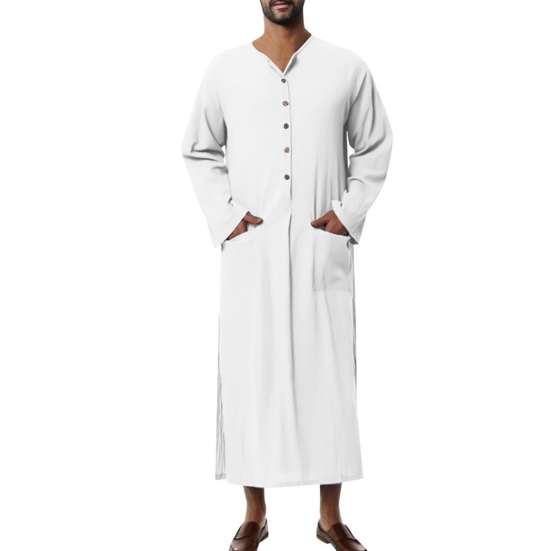 Men's wide long tunic-kaftan made of breathable linen with stand-up collar, button placket, and patch pockets StylebySassy